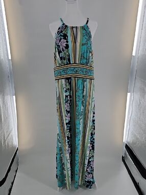 Halter Maxi Dress in Turquoise Floral Stripe